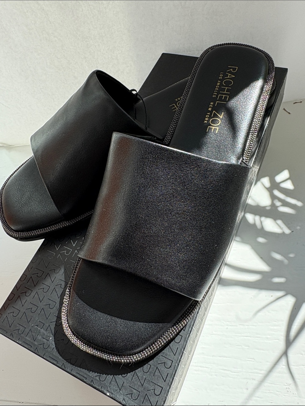 Rachel Zoe Black Leather Twix Slide Sandals